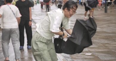 I forti venti del tifone Dolphin ribaltano gli ombrelli e sferzano residenti e turisti a Shanghai