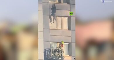 Donna si appende e salta da 11 piano del grattacielo in fiamme a Berlino, il video è virale