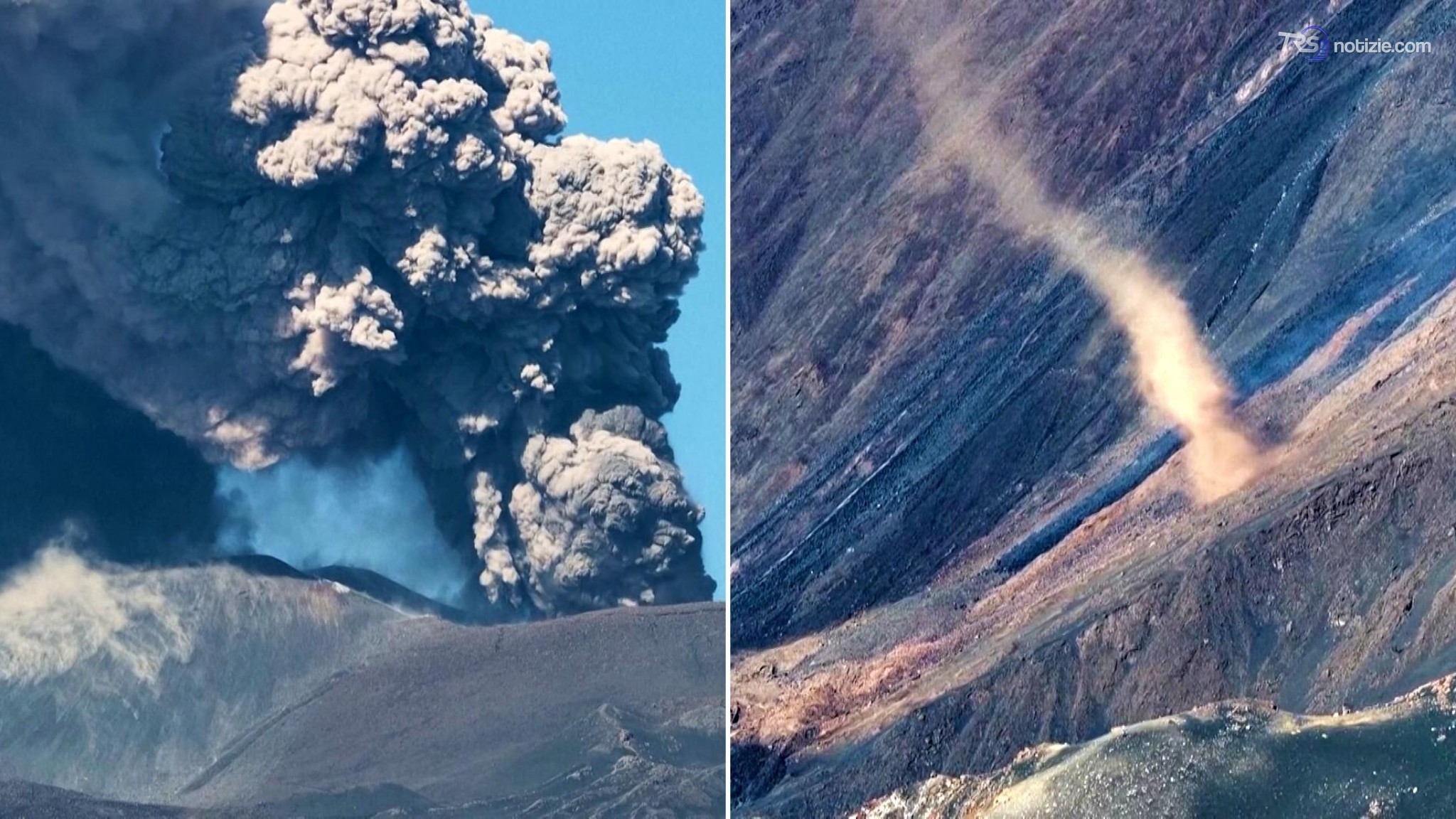 Etna, ancora cenere dal cratere e un vortice di polvere sul fianco del vulcano