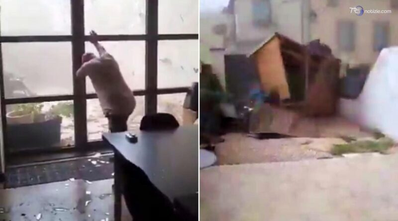 Tornado in Francia: un uomo tenta di tenere la portafinestra mentre il vortice colpisce la casa