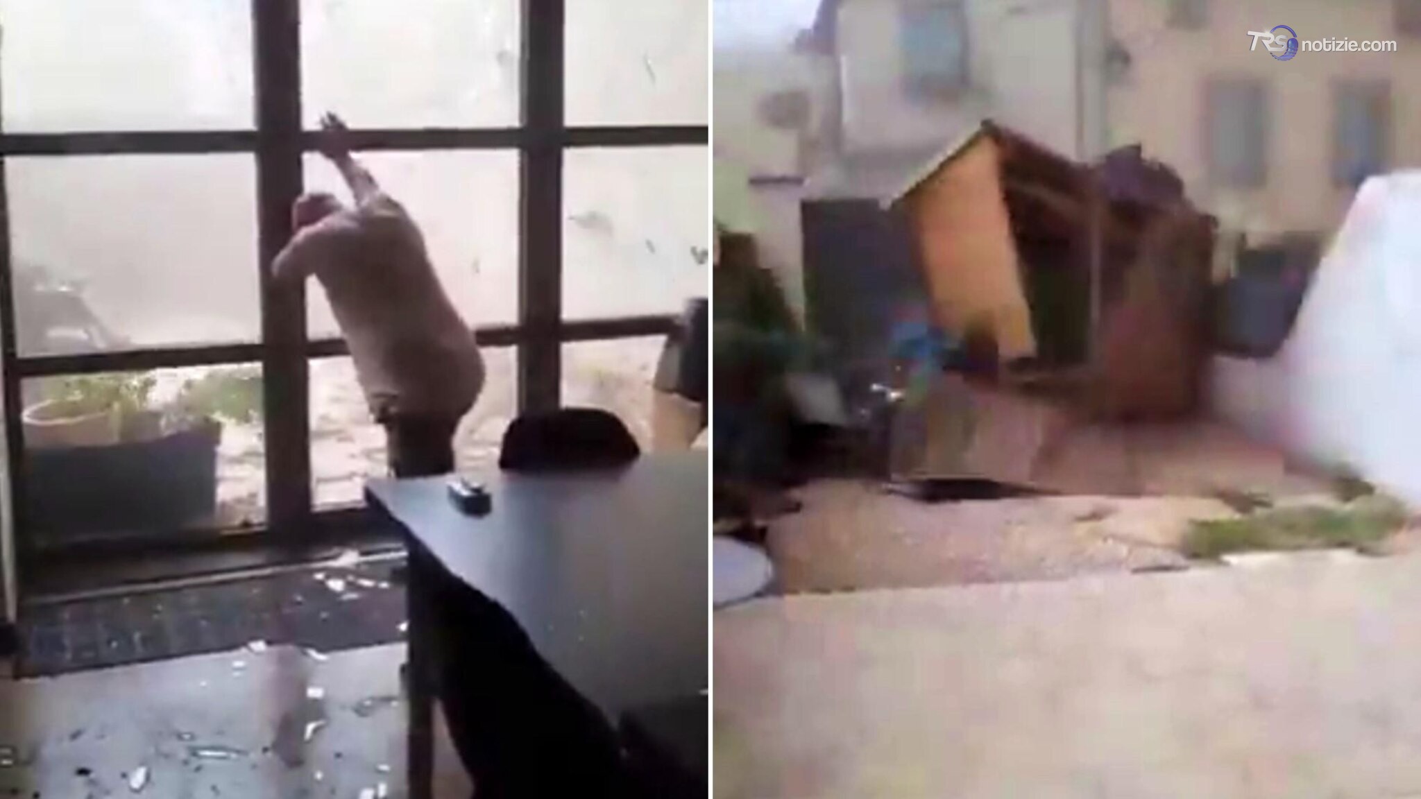 Tornado in Francia: un uomo tenta di tenere la portafinestra mentre il vortice colpisce la casa