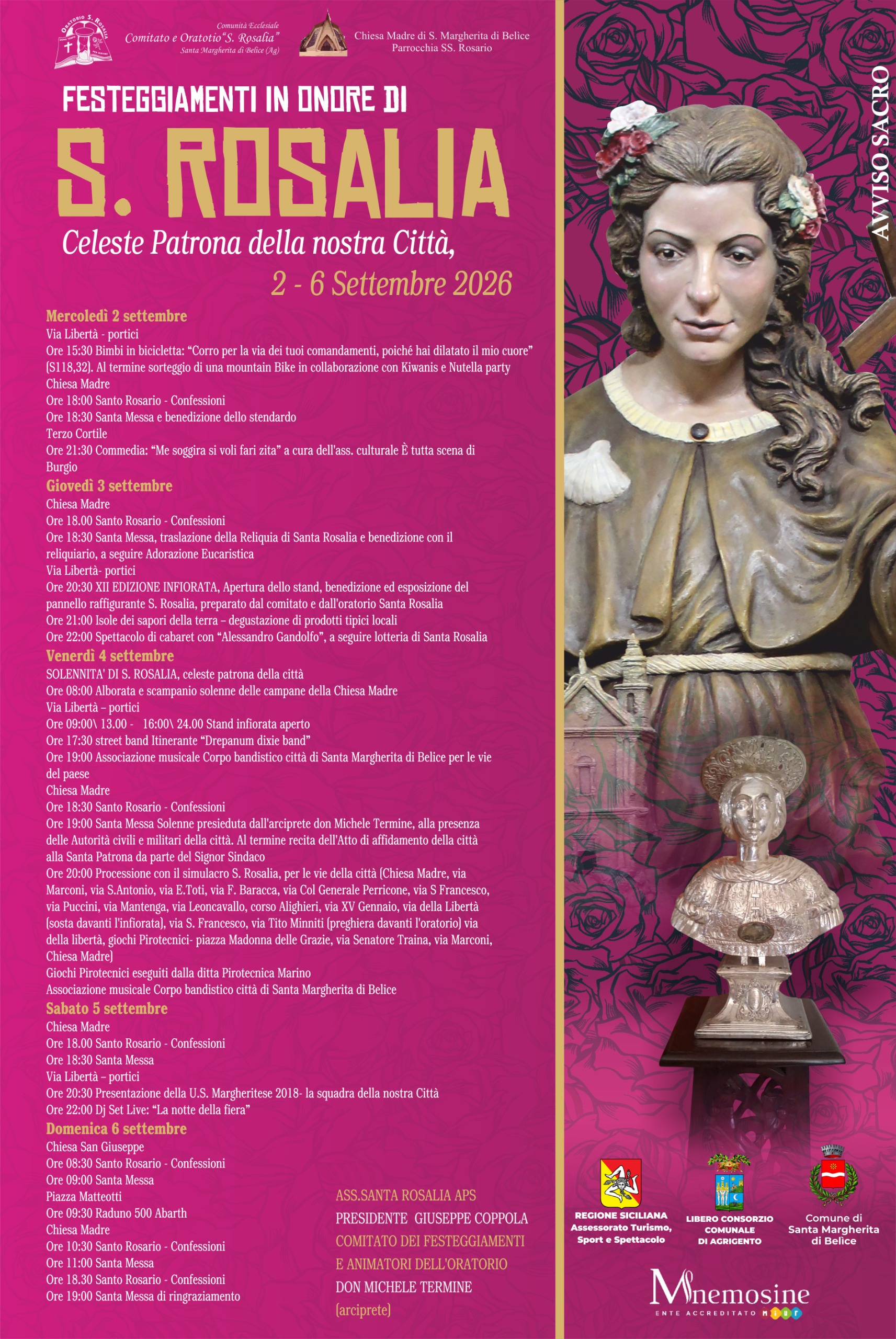 Santa Margherita di Belìce, dal 2 al 6 settembre la festa di Santa Rosalia
