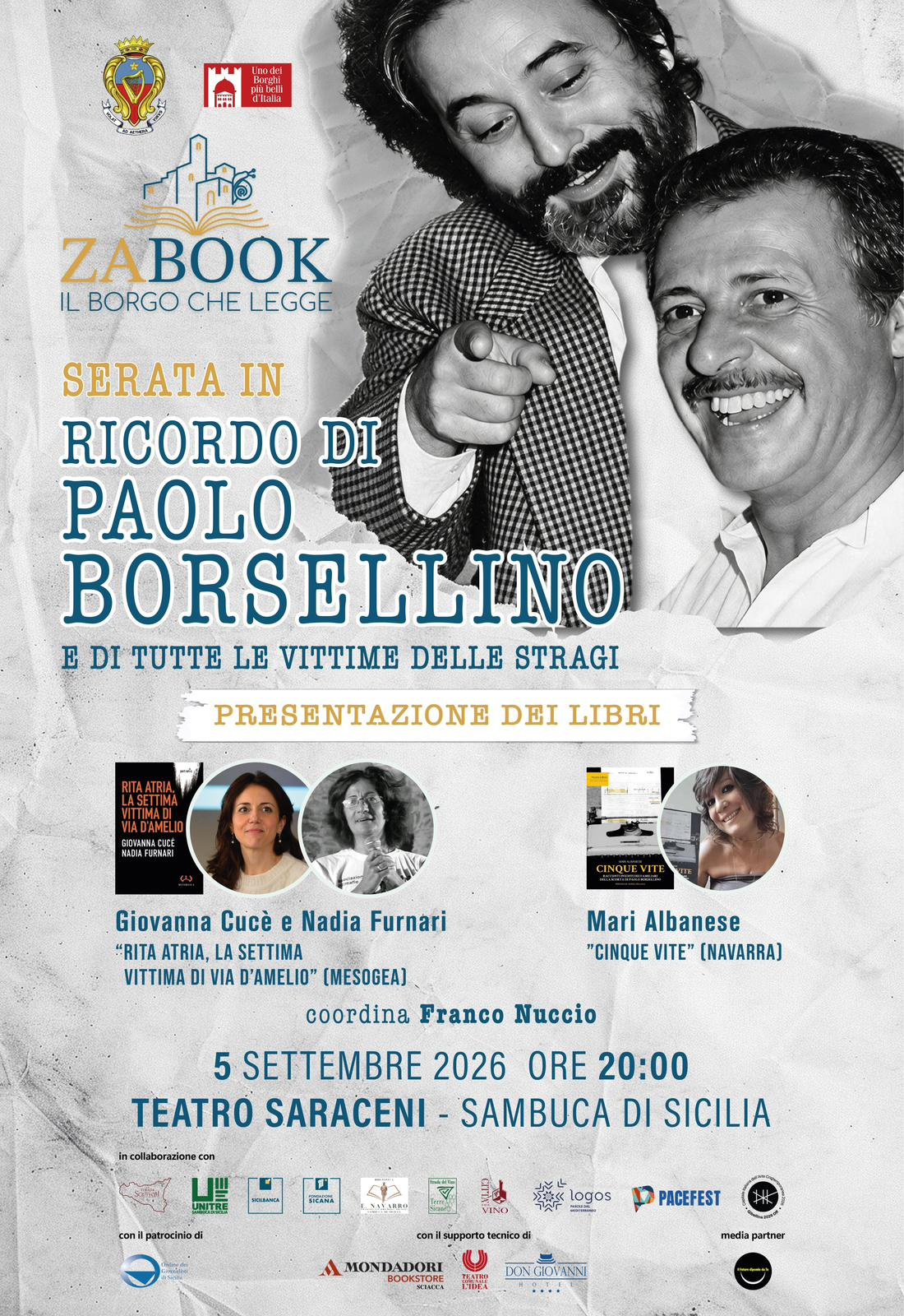 Zabook, settembre di incontri a Sambuca di Sicilia: il 5 settembre il ricordo di Paolo Borsellino e della scorta